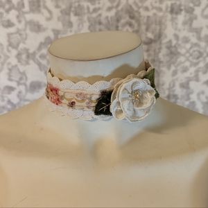 Handmade Antique Lace Floral Choker with beading, lace, Ribbon and Velvet